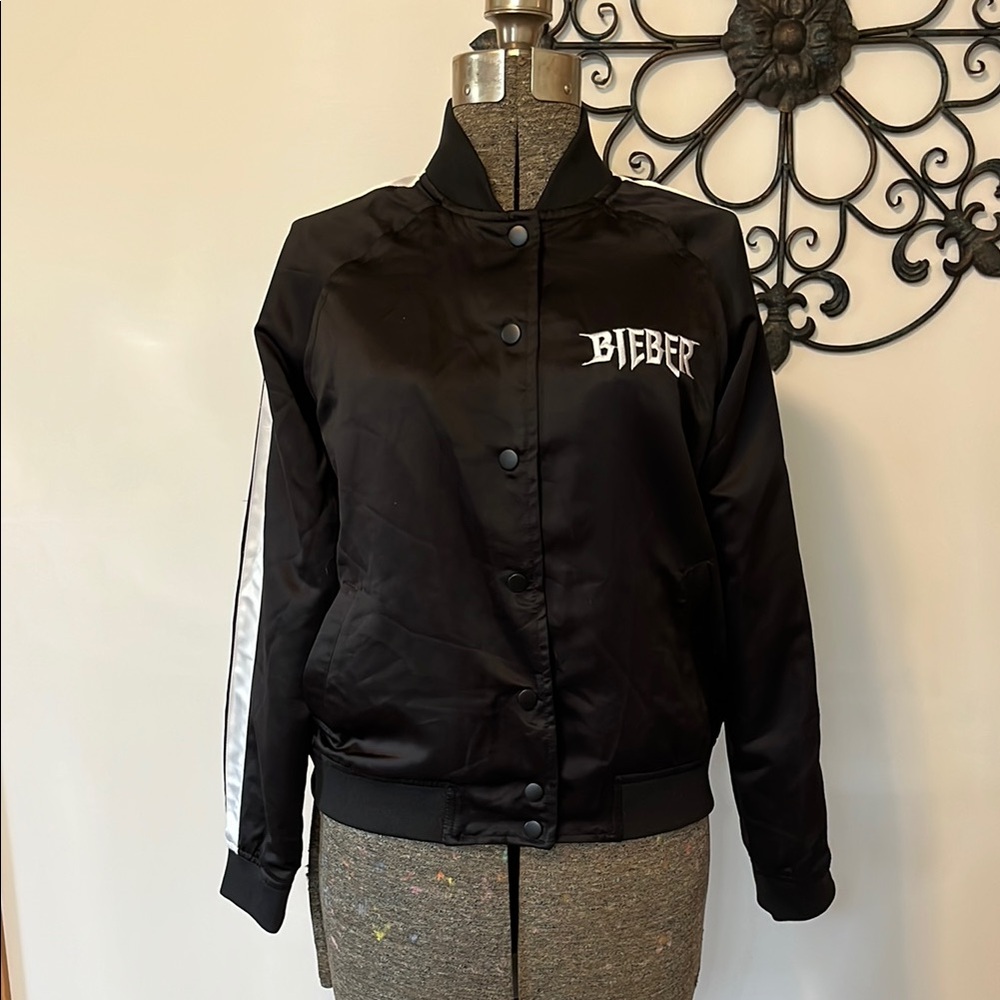 Bieber Purpose Tour Bomber Jacket with Collar & Stripes, black & white, S